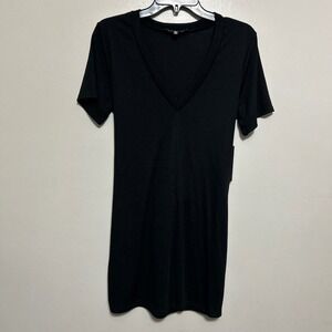 Lulus Mini Dress XS Black Ribbed V-Neck Tie-Front NEW Short Sleeve Minimalist